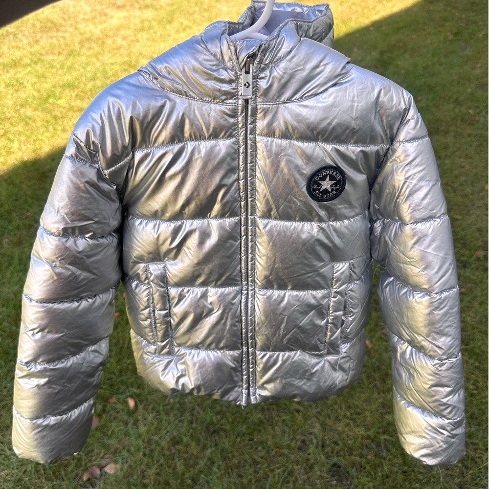 Converse All Star Chuck Taylor Kids Metallic Silver Patch Puffer Jacket Sz 4 XS